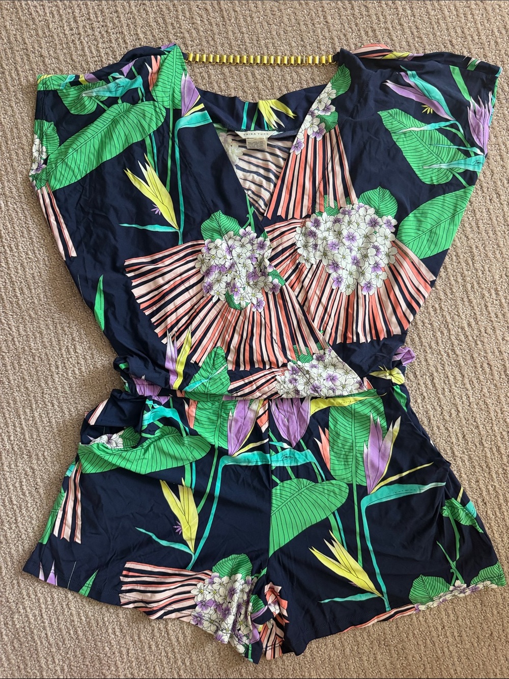 Trina Turk Navy Tropical Floral Girls' Romper with Green & Pink Accents